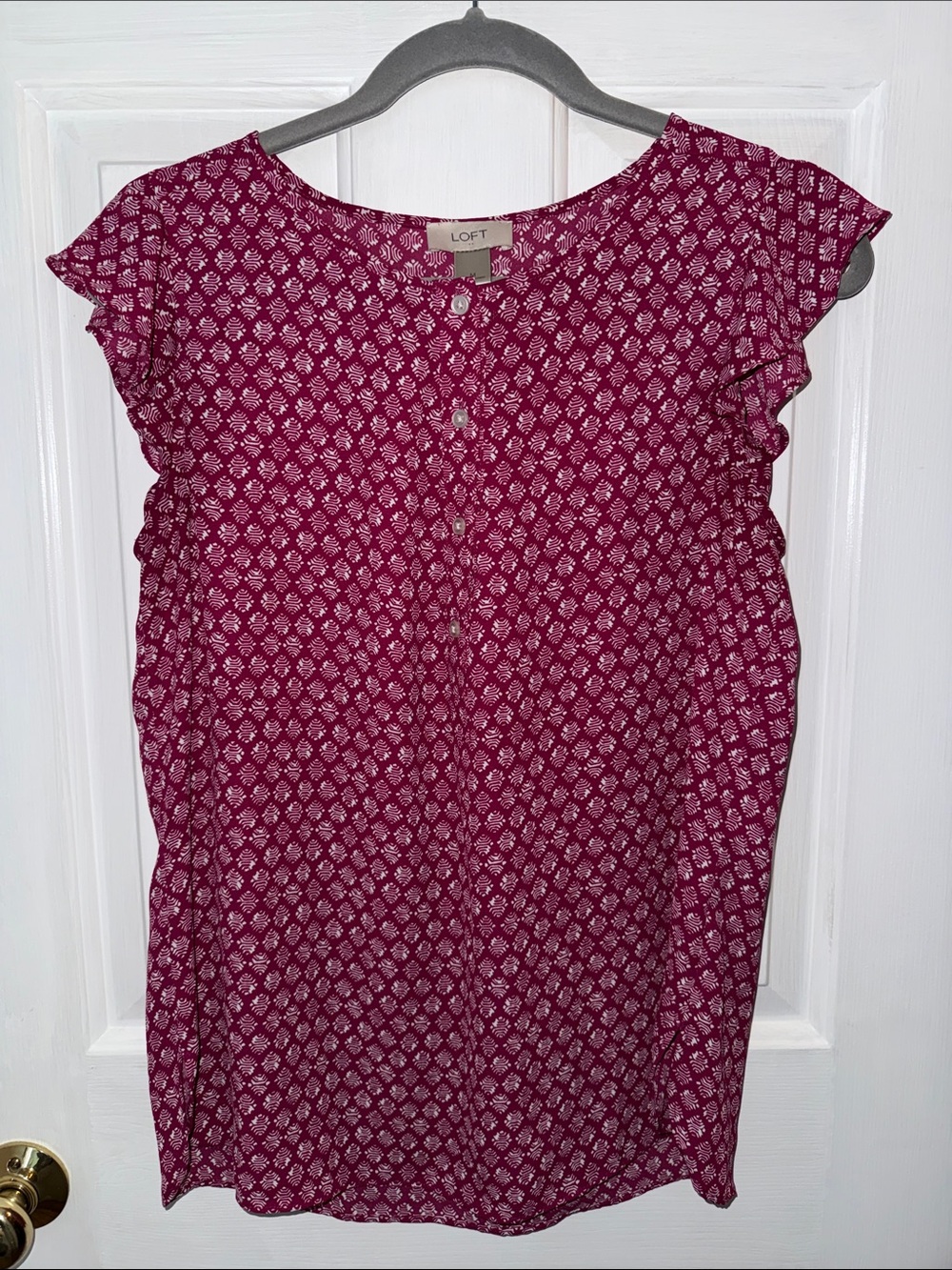 LOFT Magenta Printed Ruffle Cap-Sleeve Blouse